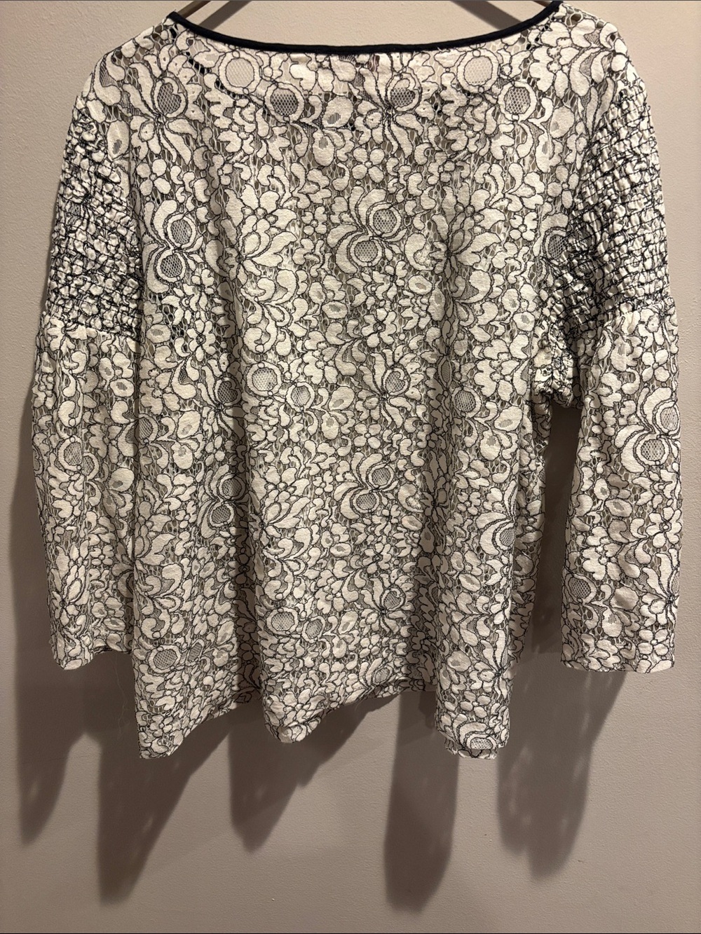 LOFT White and Black Lace-Effect Blouse with Smocked Sleeves - Picture 5 of 6